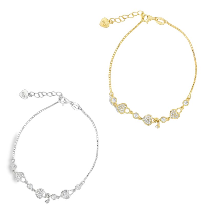 Bracciale 3 cuori zirconati con chiave pendente