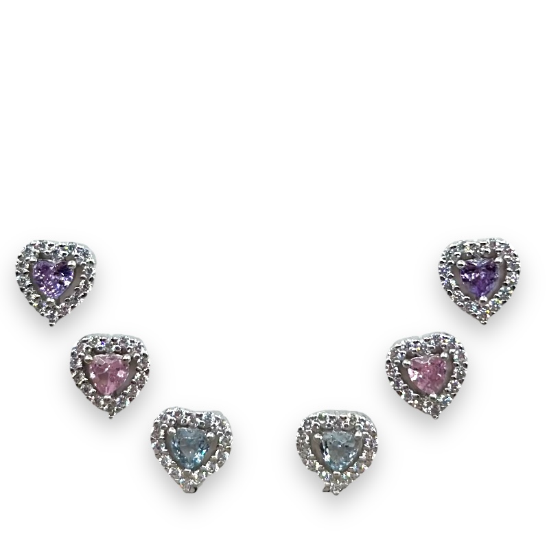 Orecchini 3 coppie di cuoricini con zirconi colorati