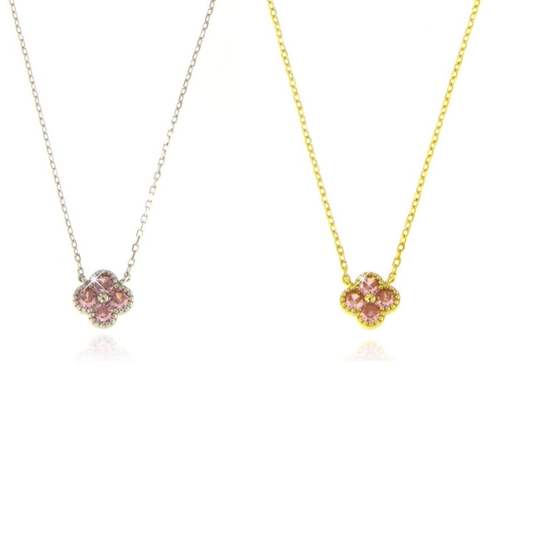 Collana quadrifoglio con zirconi rosa